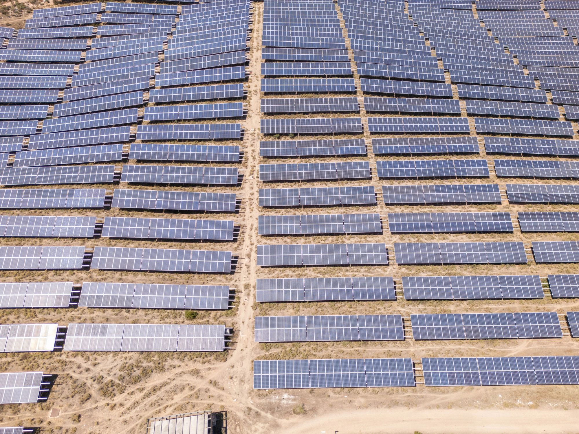 Rows of solar panels in a large solar farm